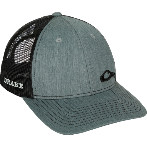 Enid Mesh Back Cap with Drake head logo in corner. Trucker style cap with cotton/poly shell and nylon mesh back. 6-panel construction, structured front panels, adjustable snapback.
