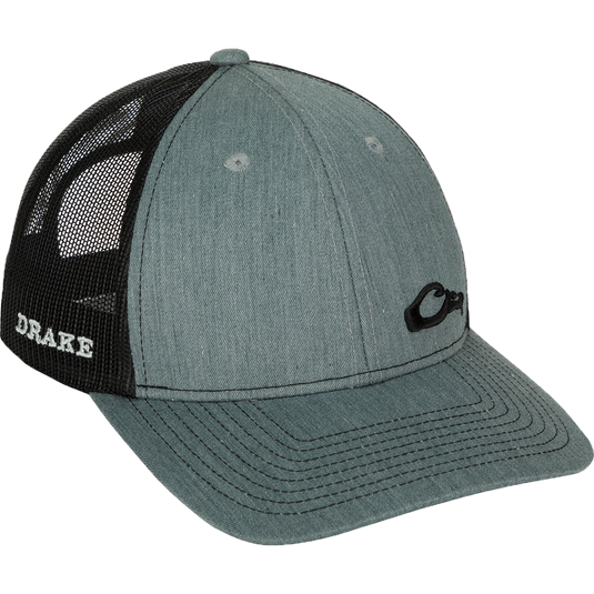 Enid Mesh Back Cap with Drake head logo in corner. Trucker style cap with cotton/poly shell and nylon mesh back. 6-panel construction, structured front panels, adjustable snapback.