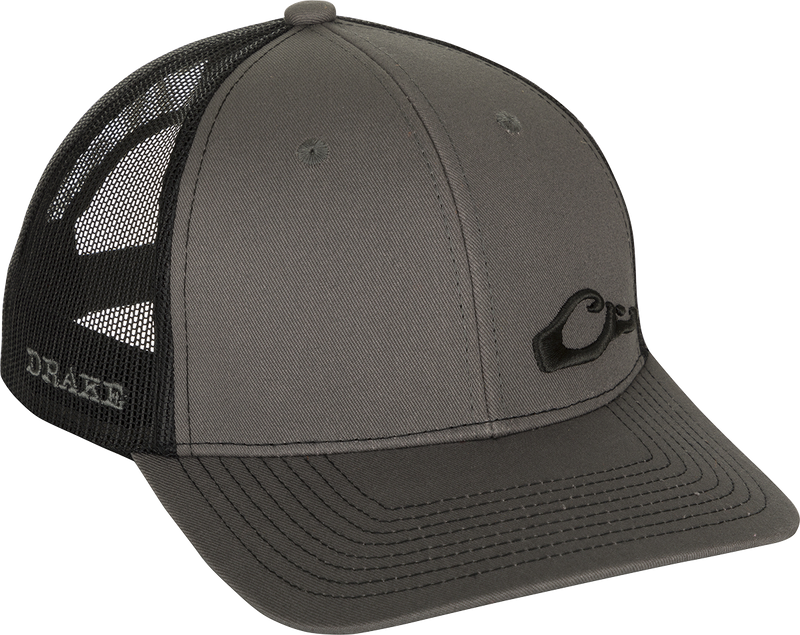 Enid Mesh Back Cap with Drake logo, featuring a classic trucker style, structured front panels, and adjustable snapback, ideal for outdoor enthusiasts.