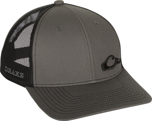 Enid Mesh Back Cap with Drake logo, featuring a classic trucker style, structured front panels, and adjustable snapback, ideal for outdoor enthusiasts.