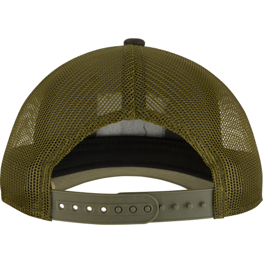 A weathered cotton/poly structured cap with a leather patch featuring the Drake Logo. Trucker-style with a pre-curved visor and adjustable snap back closure.