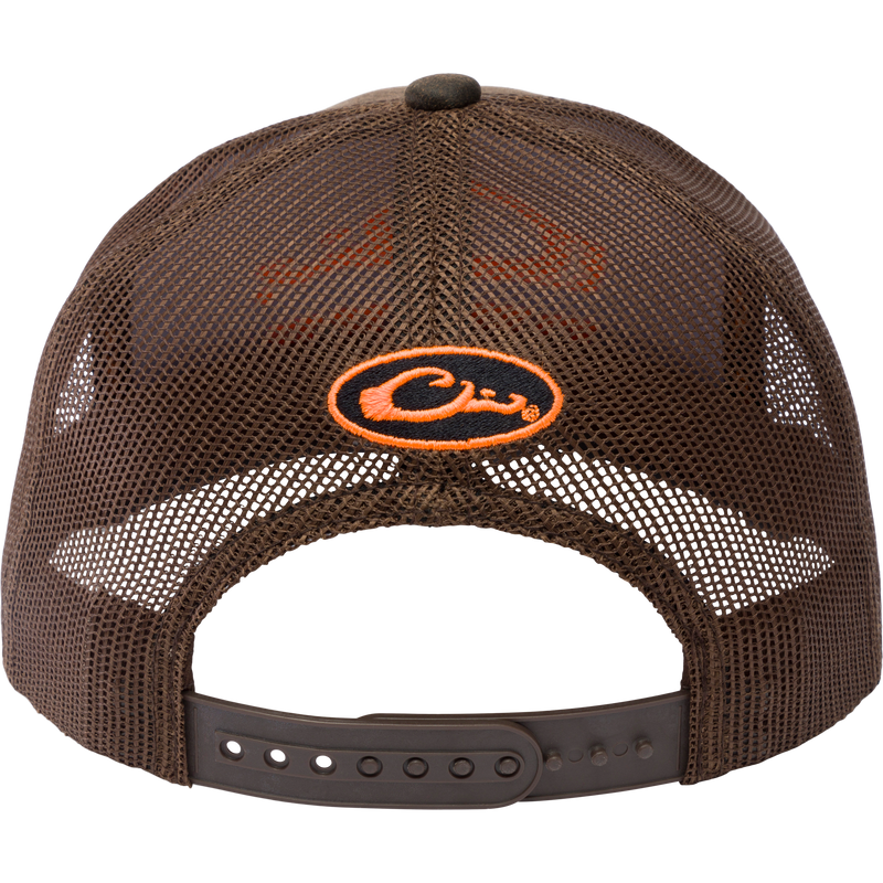 Drake Blaze Logo Mesh Back Cap with orange logo, featuring a structured six-panel design and mesh back, embodying rugged style and comfort.