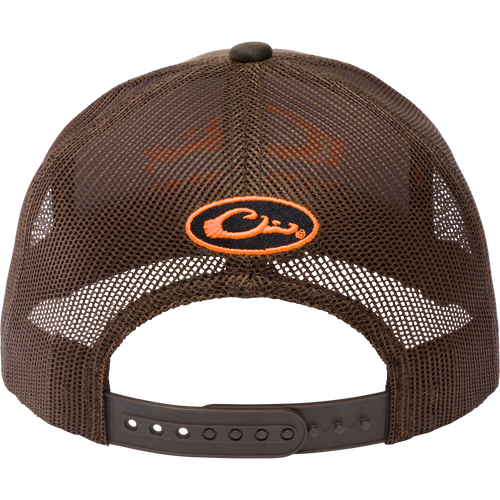Drake Blaze Logo Mesh Back Cap with orange logo, featuring a structured six-panel design and mesh back, embodying rugged style and comfort.