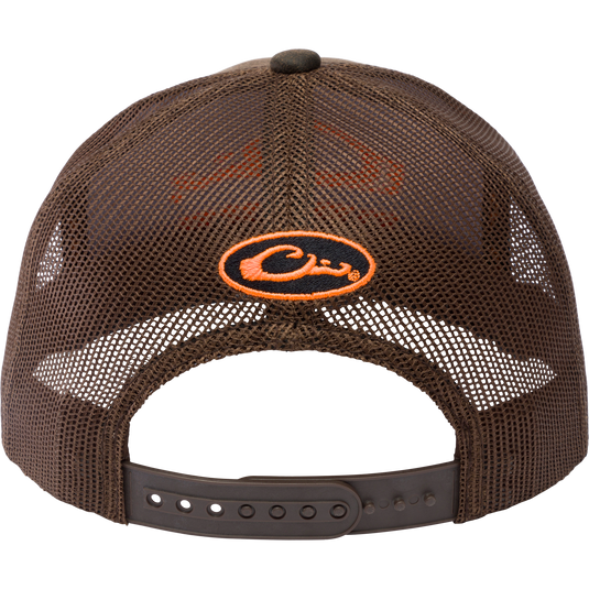 Drake Blaze Logo Mesh Back Cap with orange logo, featuring a structured six-panel design and mesh back, embodying rugged style and comfort.