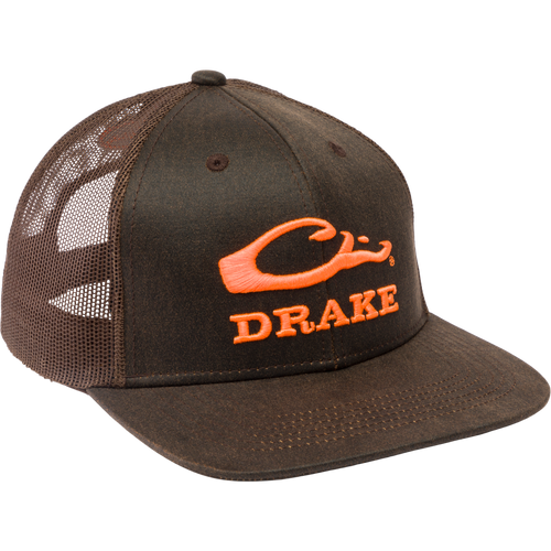 Drake Blaze Logo Mesh Back Cap with orange embroidered logo, flat bill, and mesh back, ideal for rugged outdoor activities. Comfortable six-panel design.