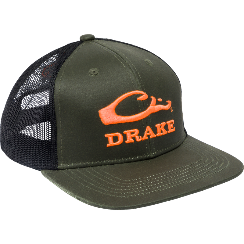 Drake Blaze Logo Mesh Back Cap with flat bill and mesh back, featuring orange embroidered logo, structured six-panel design, and adjustable snap back closure.