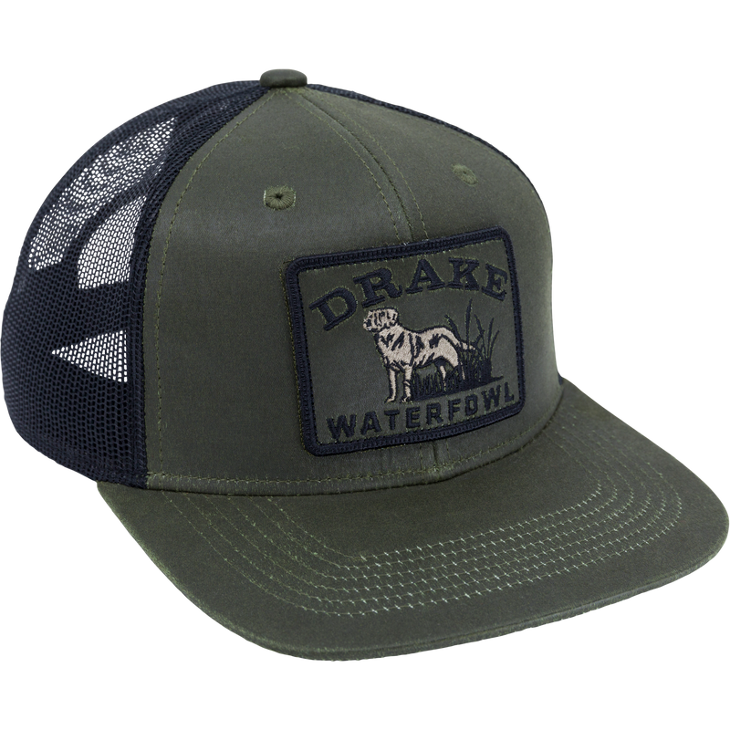 Dog Patch Mesh Back Cap, a high-profile, six-panel baseball cap with a flat visor, featuring embroidered front patch and breathable mesh back for adjustable fit.