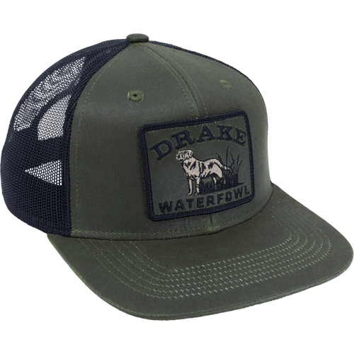 Dog Patch Mesh Back Cap, a high-profile, six-panel baseball cap with a flat visor, featuring embroidered front patch and breathable mesh back for adjustable fit.