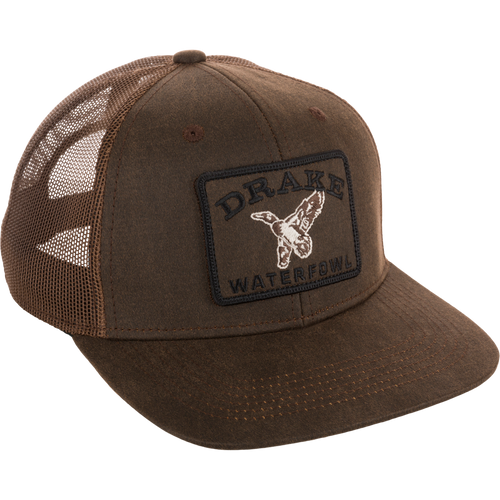 Duck Patch Mesh Back Cap with DRAKE and duck silhouette patch, featuring mesh back, structured crown, flat visor, and adjustable snap closure for waterfowl enthusiasts.