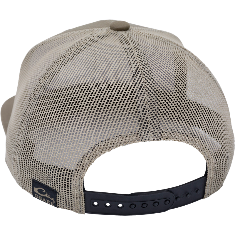 Rear view of Duck Patch Mesh Back Cap, showcasing breathable mesh panels, adjustable snap-back strap, and Drake label, designed for waterfowl hunting enthusiasts.