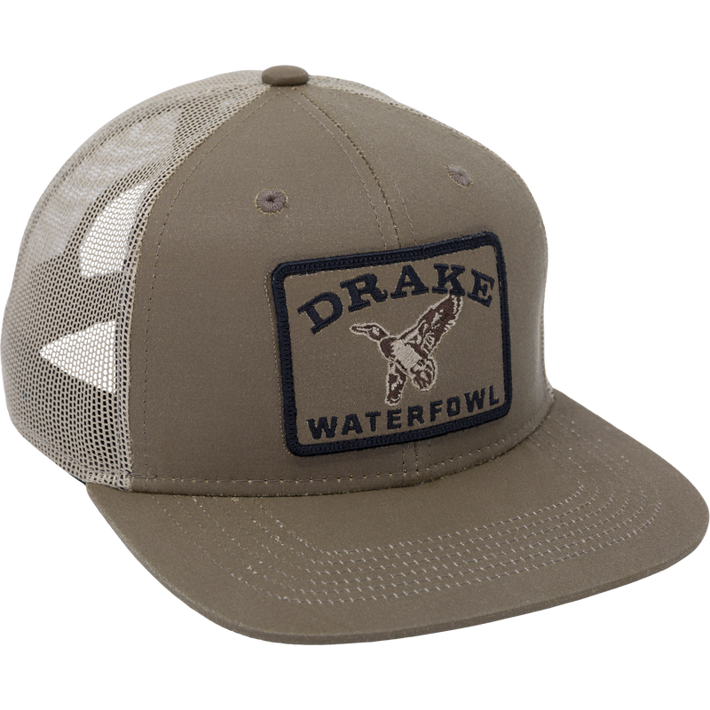 Duck Patch Mesh Back Cap features a structured crown, mesh back, and embroidered Purewhitelaneshop patch, ideal for waterfowl enthusiasts seeking durable, breathable headwear.