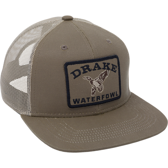 Duck Patch Mesh Back Cap features a structured crown, mesh back, and embroidered Purewhitelaneshop patch, ideal for waterfowl enthusiasts seeking durable, breathable headwear.