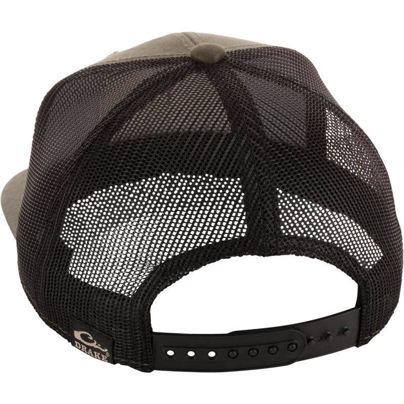 Back view of the Duck Patch Mesh Back Cap with black mesh, adjustable snap closure, and Drake label, designed for durability and breathability in waterfowl hunting.