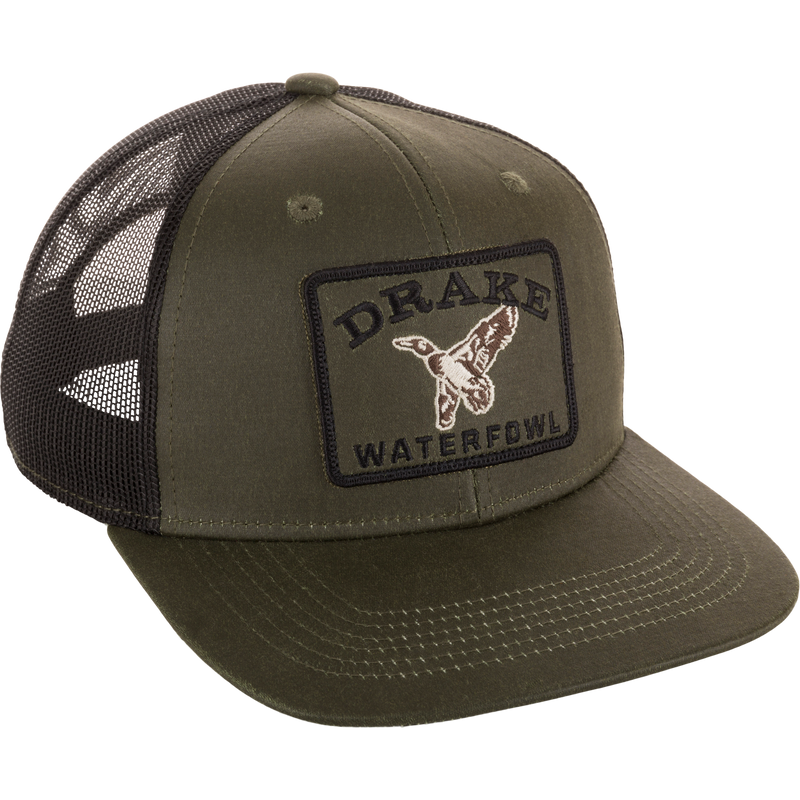Duck Patch Mesh Back Cap with Purewhitelaneshop patch, features a breathable mesh back, structured crown, flat visor, and adjustable snap back for waterfowl enthusiasts.