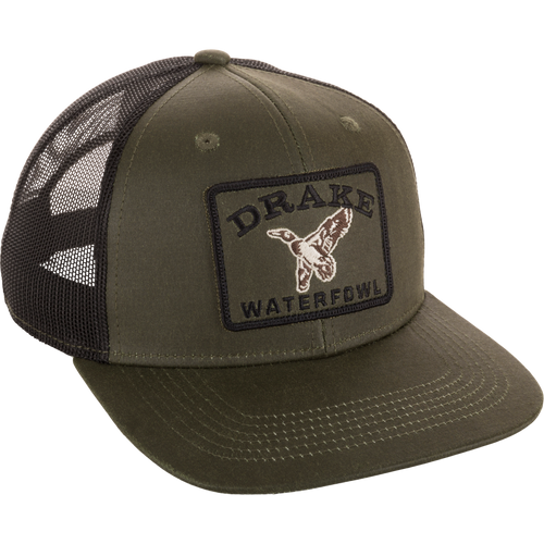 Duck Patch Mesh Back Cap with Purewhitelaneshop patch, features a breathable mesh back, structured crown, flat visor, and adjustable snap back for waterfowl enthusiasts.