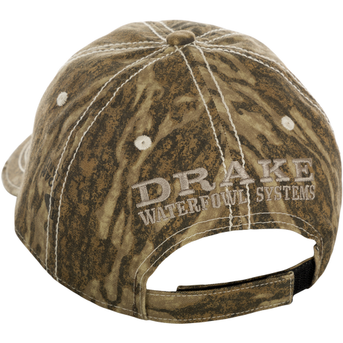 Distressed 6-Panel Ball Cap: A close-up of back of hat with velcro strap.