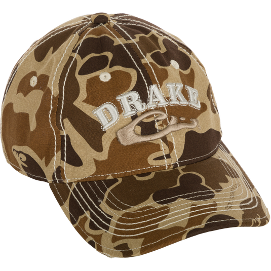 Distressed 6-Panel Ball Cap with raised Drake Logo embroidery, frayed visor, and contrast stitching. Cotton twill panels and adjustable closure.