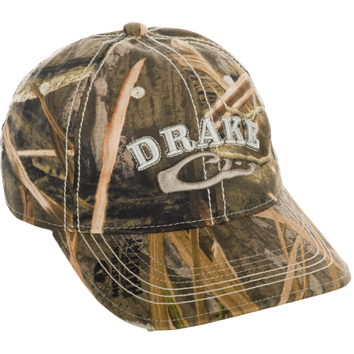 Distressed 6-Panel Ball Cap: A camouflage hat with logo.