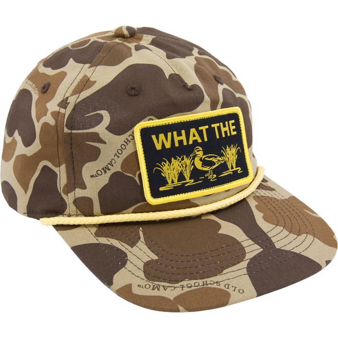 Drake What The Duck Rope Cap featuring a camo pattern, yellow rope detail, and a humorous duck patch. Includes flat visor, adjustable snap-back, and comfort sweatband.