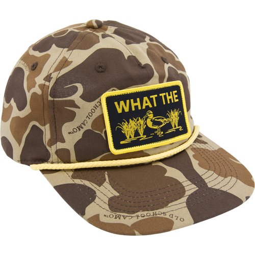 Drake What The Duck Rope Cap featuring a camo pattern, yellow rope detail, and a humorous duck patch. Includes flat visor, adjustable snap-back, and comfort sweatband.