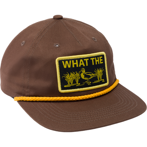 Drake What The Duck Rope Cap with a yellow patch, featuring a flat visor with rope detail, and an adjustable snap-back closure.