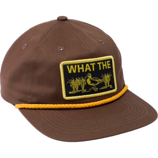 Drake What The Duck Rope Cap with a yellow patch, featuring a flat visor with rope detail, and an adjustable snap-back closure.