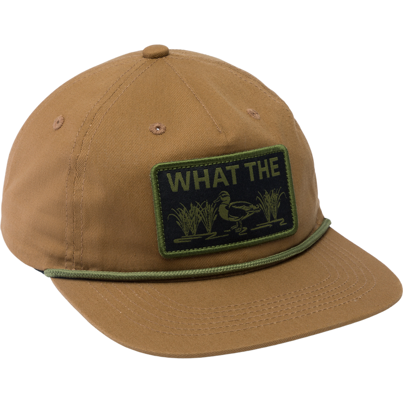 Drake What The Duck Rope Cap featuring a front scout patch, flat bill with rope, and adjustable snap-back closure for a comfortable fit.