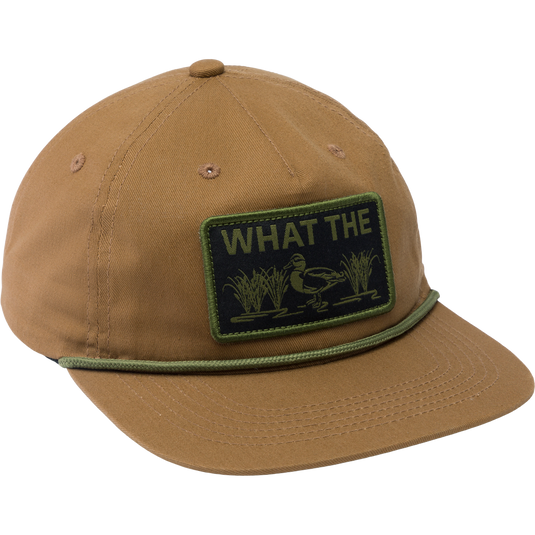 Drake What The Duck Rope Cap featuring a front scout patch, flat bill with rope, and adjustable snap-back closure for a comfortable fit.