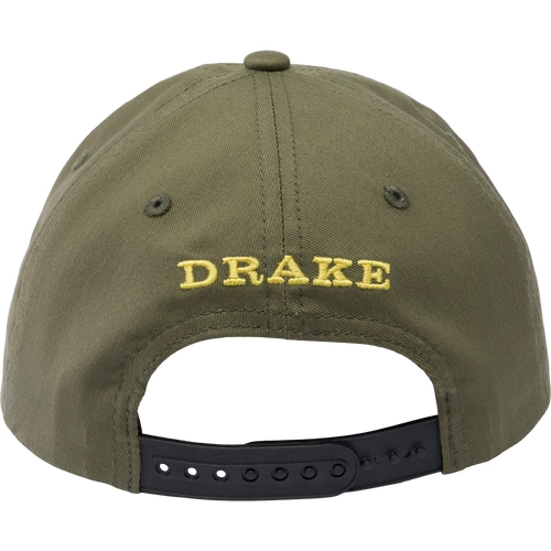 Drake What The Duck Rope Cap with yellow text, featuring a flat bill, rope detail, and adjustable snap-back. Made from 100% cotton twill for comfort.