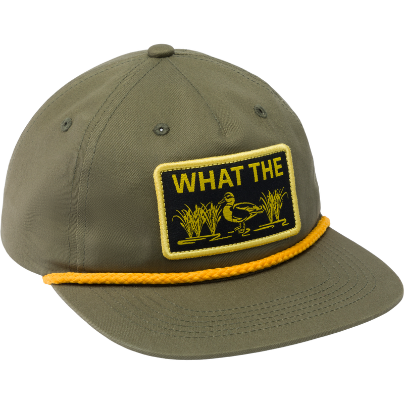 Drake What The Duck Rope Cap with duck patch, flat visor, yellow cord, and adjustable snap-back, designed for comfort and style with cotton twill construction.
