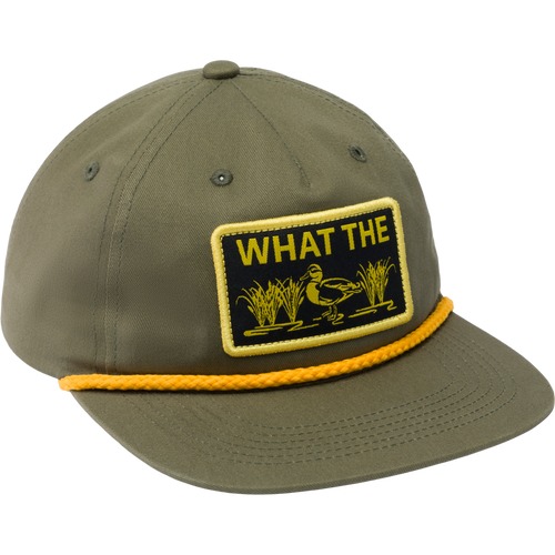 Drake What The Duck Rope Cap with duck patch, flat visor, yellow cord, and adjustable snap-back, designed for comfort and style with cotton twill construction.