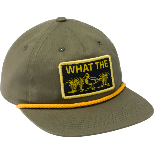 Drake What The Duck Rope Cap with duck patch, flat visor, yellow cord, and adjustable snap-back, designed for comfort and style with cotton twill construction.