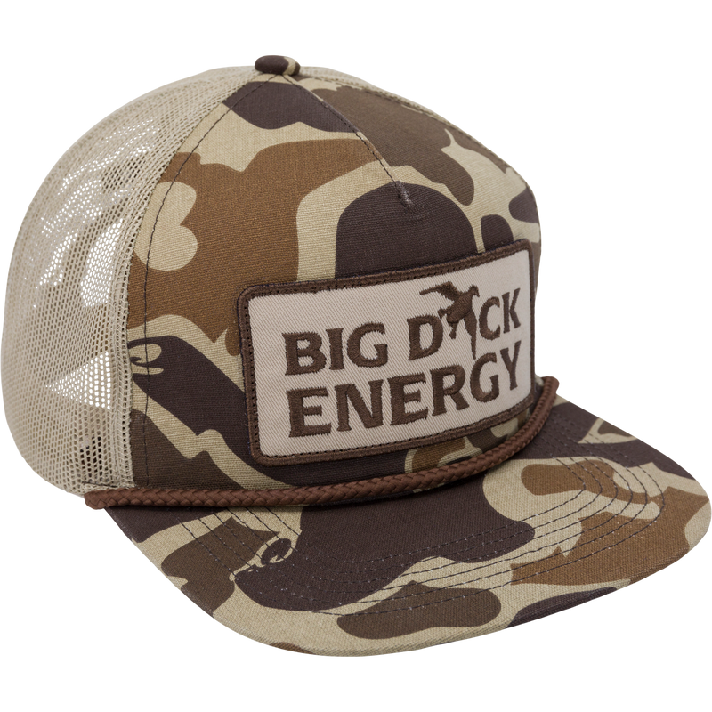 Drake Big Duck Energy Mesh Back Rope Cap with a structured 5-panel design, flat bill, rope detail, and adjustable snap-back closure for a personalized fit.