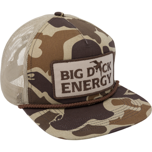 Drake Big Duck Energy Mesh Back Rope Cap with a structured 5-panel design, flat bill, rope detail, and adjustable snap-back closure for a personalized fit.