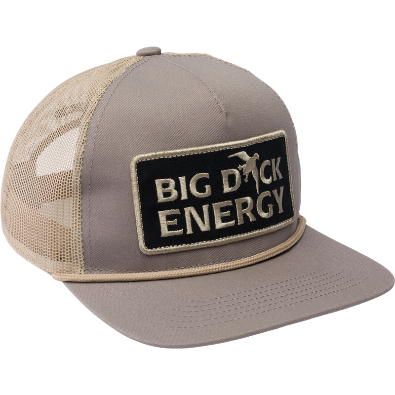 Drake Big Duck Energy Mesh Back Rope Cap featuring a front scout patch, flat bill with rope detail, mesh back, and adjustable snap-back closure for a custom fit.