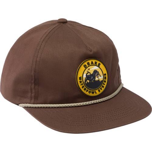 Drake Lab Patch Rope Cap with a flat visor and silicone patch, featuring a breathable cotton twill construction and adjustable snap-back closure for a customized fit.