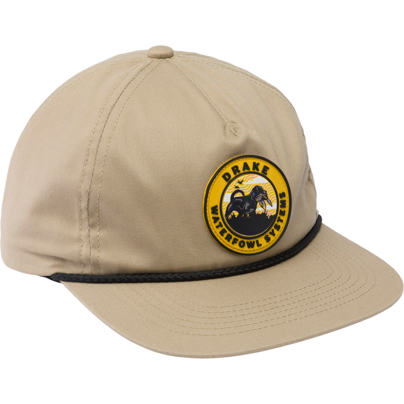 Drake Lab Patch Rope Cap with a flat visor and silicone patch, featuring a breathable 100% cotton twill design and adjustable snap-back closure.