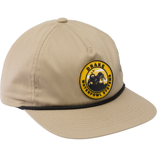Drake Lab Patch Rope Cap with a flat visor and silicone patch, featuring a breathable 100% cotton twill design and adjustable snap-back closure.