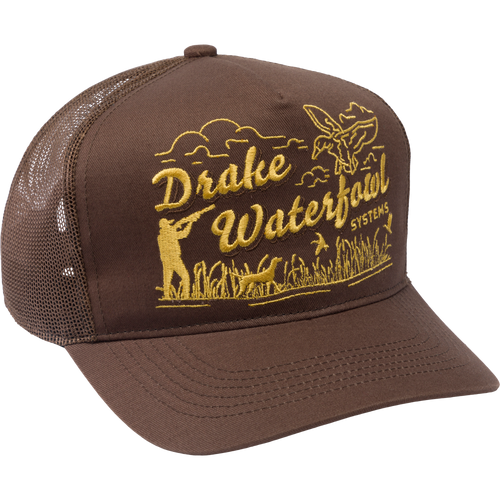 Drake Retro Billboard Mesh Back Cap with embroidered hunting scene, mesh panels, foam-filled sweatband, and adjustable snap-back closure, ideal for hunting and outdoor activities.