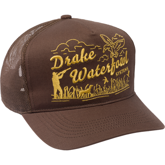 Drake Retro Billboard Mesh Back Cap with embroidered hunting scene, mesh panels, foam-filled sweatband, and adjustable snap-back closure, ideal for hunting and outdoor activities.