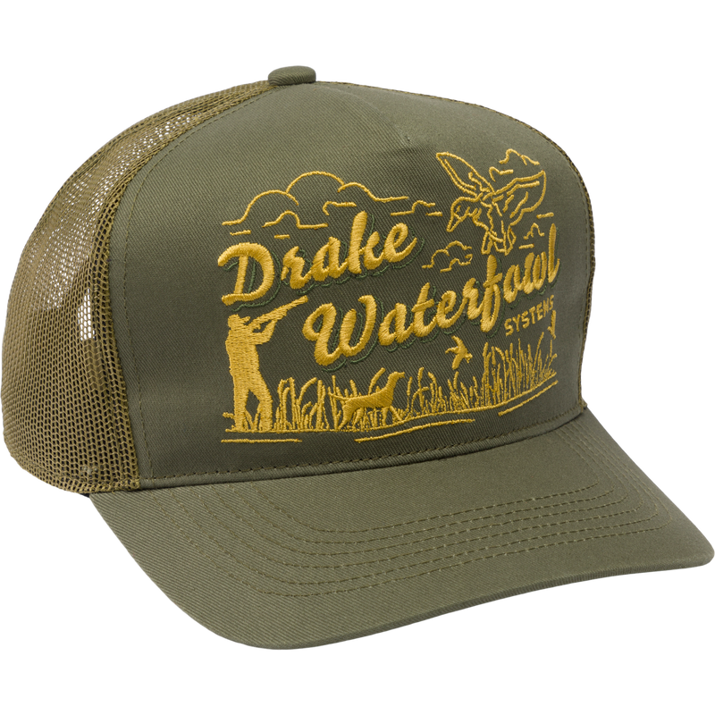 Drake Retro Billboard Mesh Back Cap with a high-profile design, featuring yellow embroidered hunt scene on cotton twill, mesh panels for ventilation, and adjustable snap-back closure.