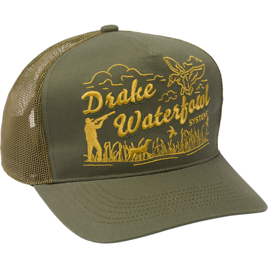 Drake Retro Billboard Mesh Back Cap with a high-profile design, featuring yellow embroidered hunt scene on cotton twill, mesh panels for ventilation, and adjustable snap-back closure.