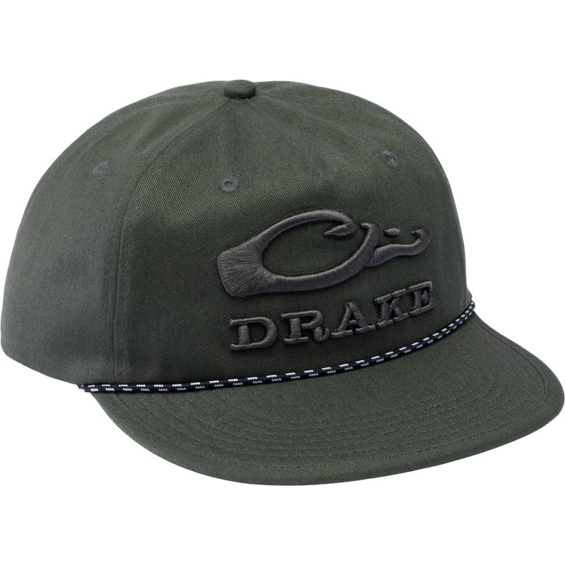 Drake Crusher Rope Cap featuring a logo, crushable design, and adjustable snap-back closure, ideal for outdoor adventures and hunting apparel.