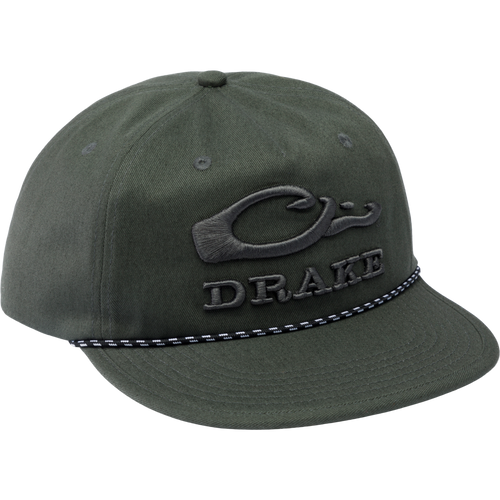 Drake Crusher Rope Cap featuring a logo, crushable design, and adjustable snap-back closure, ideal for outdoor adventures and hunting apparel.