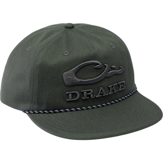 Drake Crusher Rope Cap featuring a logo, crushable design, and adjustable snap-back closure, ideal for outdoor adventures and hunting apparel.