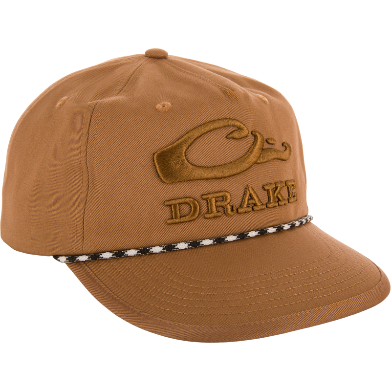Drake Crusher Rope Cap with a crushable construction, flat foam bill, and rope details, showcasing adjustable snap-back closure for a personalized fit.