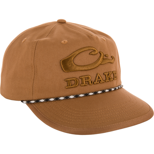 Drake Crusher Rope Cap with a crushable construction, flat foam bill, and rope details, showcasing adjustable snap-back closure for a personalized fit.