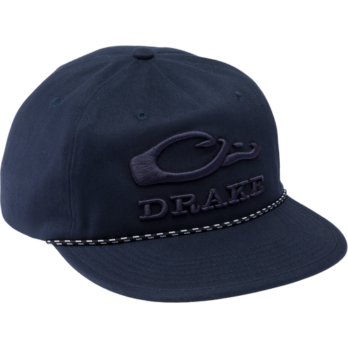Drake Crusher Rope Cap with crushable construction, flat foam visor, and adjustable snap-back closure, ideal for versatile outdoor and hunting activities.