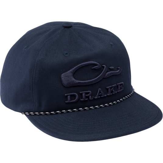 Drake Crusher Rope Cap with crushable construction, flat foam visor, and adjustable snap-back closure, ideal for versatile outdoor and hunting activities.