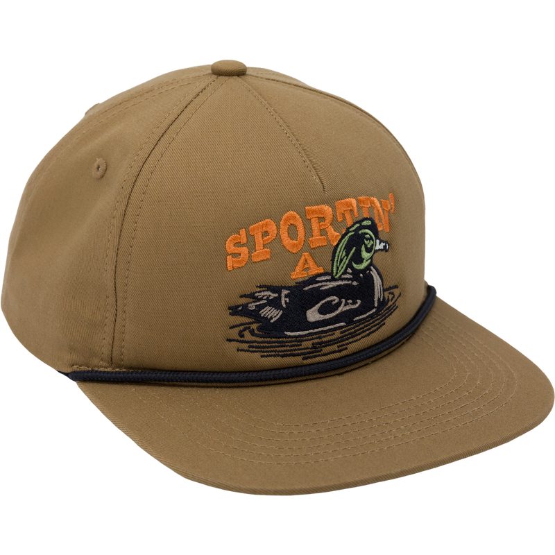 Sportin' A Woodie Rope Cap, featuring a duck motif, flat visor with rope trim, and adjustable snap back closure, crafted from durable cotton twill for outdoor comfort.